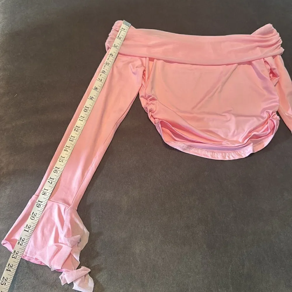 Pink 2 Piece Set Off the Shoulder Long Sleeve Crop Top & Skirt Size L NEW